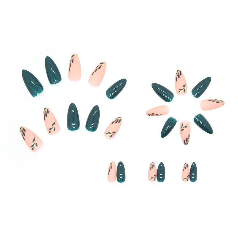 Almond Fake Nails with Green Leaves Design Elliptic Acrylic False Nails Wearable French Press on Nail Manicure Tips