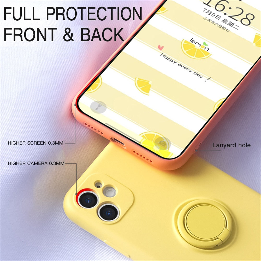 LOVECOM Ring Holder Hand Strap Phone Case For iPhone 13 12 11 Pro Max XR XS Max  7 8 Plus X Soft Liquid Silicon Plain Back Cover