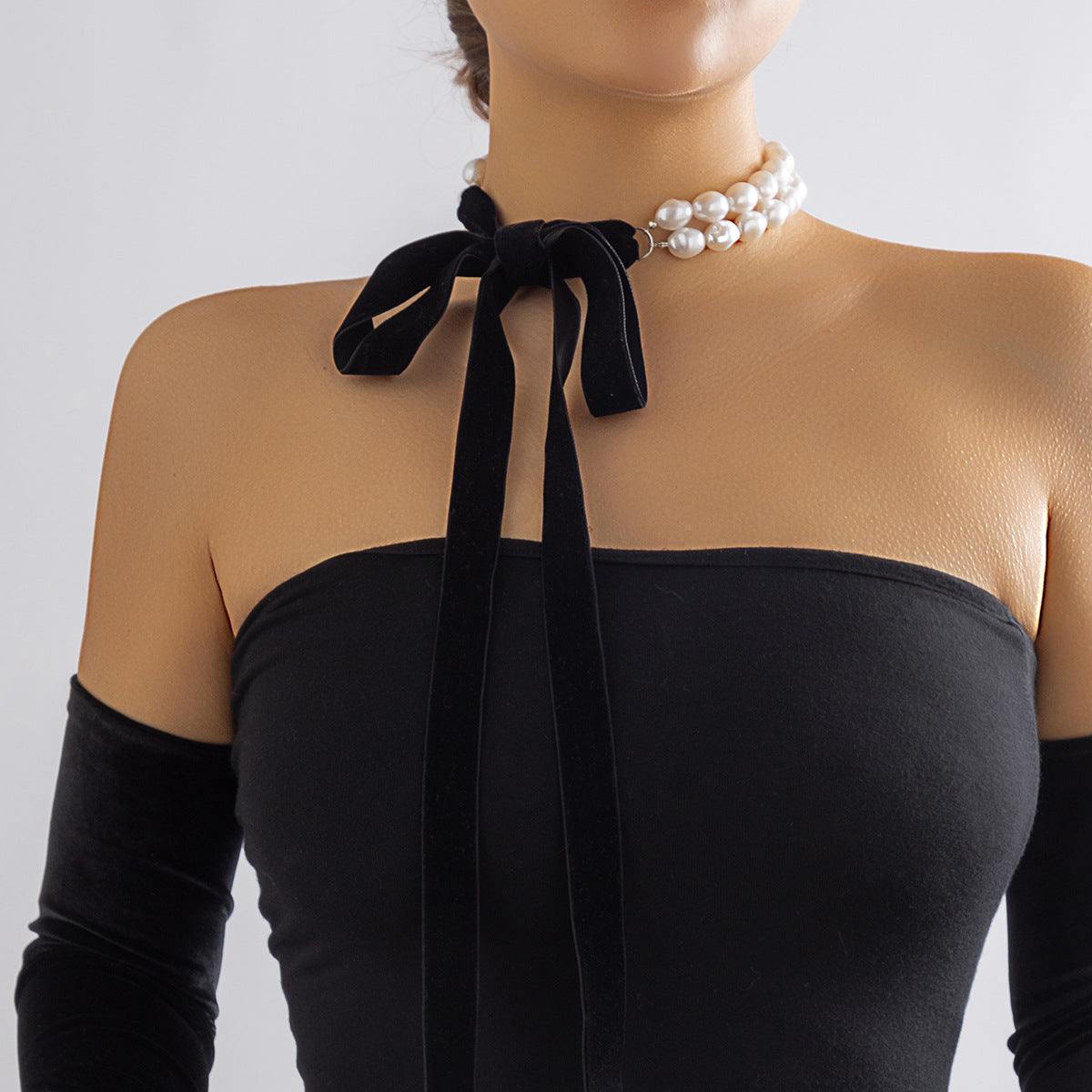 Vintage French court pearl necklace with a simple DIY velvet bow necklace