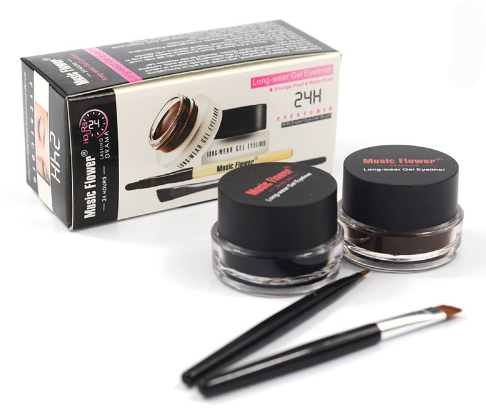 Music Flower 2 in 1 Coffee + Black Gel Eyeliner Make Up Waterproof Eye Liner Cosmetics Set Eyeliner Pens Makeup Brushes Set