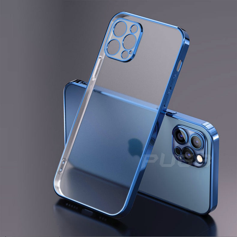 Luxury Plating Square Frame Matte Soft Silicone Case for iPhone 11 12 Pro Max Mini XR X XS 7 8 Plus SE 2020 Transparent Cover