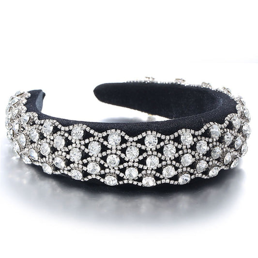 Fashionable full set rhinestone wide edge solid color sponge head hoop