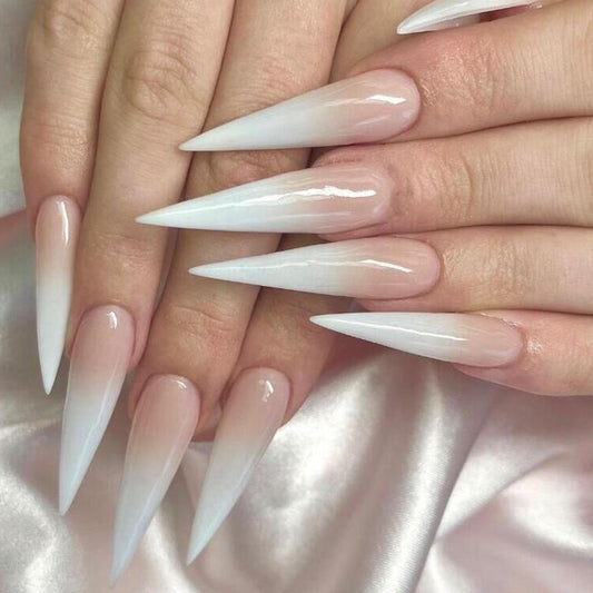 Milky white powder gradient long drop-shaped manicure, high-end fake nail patch wearable nail patch