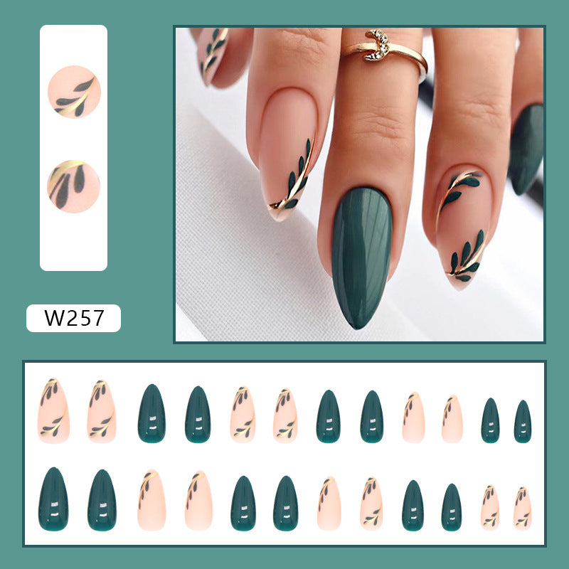 Almond Fake Nails with Green Leaves Design Elliptic Acrylic False Nails Wearable French Press on Nail Manicure Tips