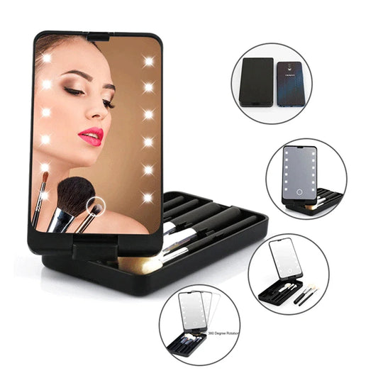 LED Folding Rotating Cosmetic Mirror Box with Brush