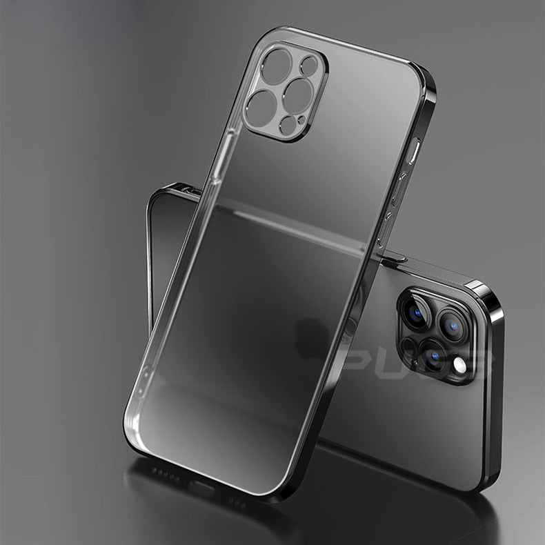 Luxury Plating Square Frame Matte Soft Silicone Case for iPhone 11 12 Pro Max Mini XR X XS 7 8 Plus SE 2020 Transparent Cover