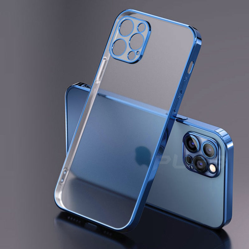 Luxury Plating Square Frame Matte Soft Silicone Case for iPhone 11 12 Pro Max Mini XR X XS 7 8 Plus SE 2020 Transparent Cover