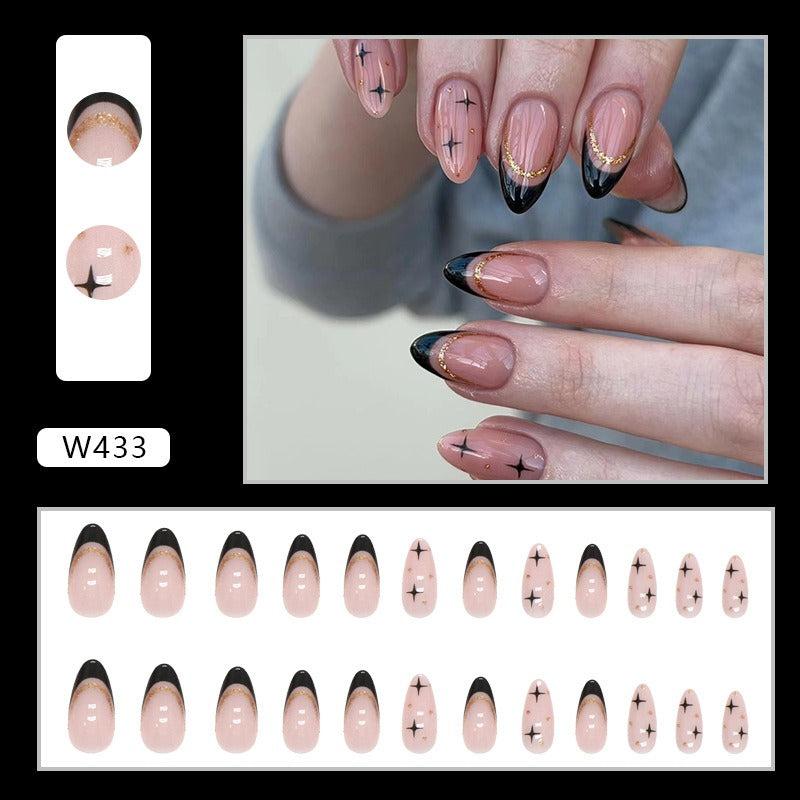 Sweet cool black French flash gold powder almond nails European and American fake nails removable nail pieces