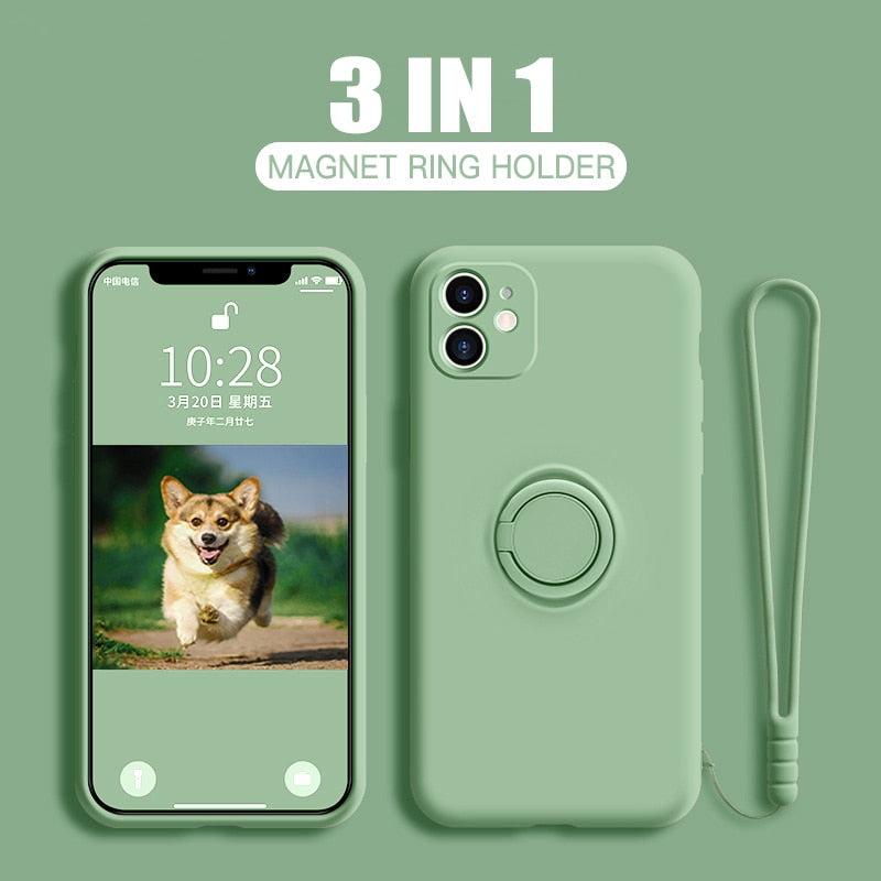 LOVECOM Ring Holder Hand Strap Phone Case For iPhone 13 12 11 Pro Max XR XS Max  7 8 Plus X Soft Liquid Silicon Plain Back Cover