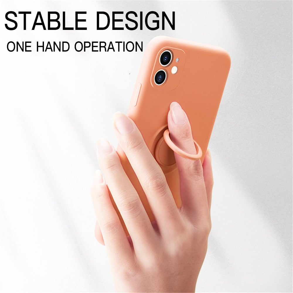 LOVECOM Ring Holder Hand Strap Phone Case For iPhone 13 12 11 Pro Max XR XS Max  7 8 Plus X Soft Liquid Silicon Plain Back Cover